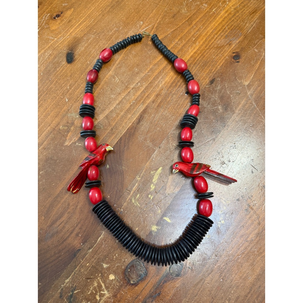 Vintage Hand Painted Wooden Bird Bead Necklace Red Black Cardinal Folk Art 25"